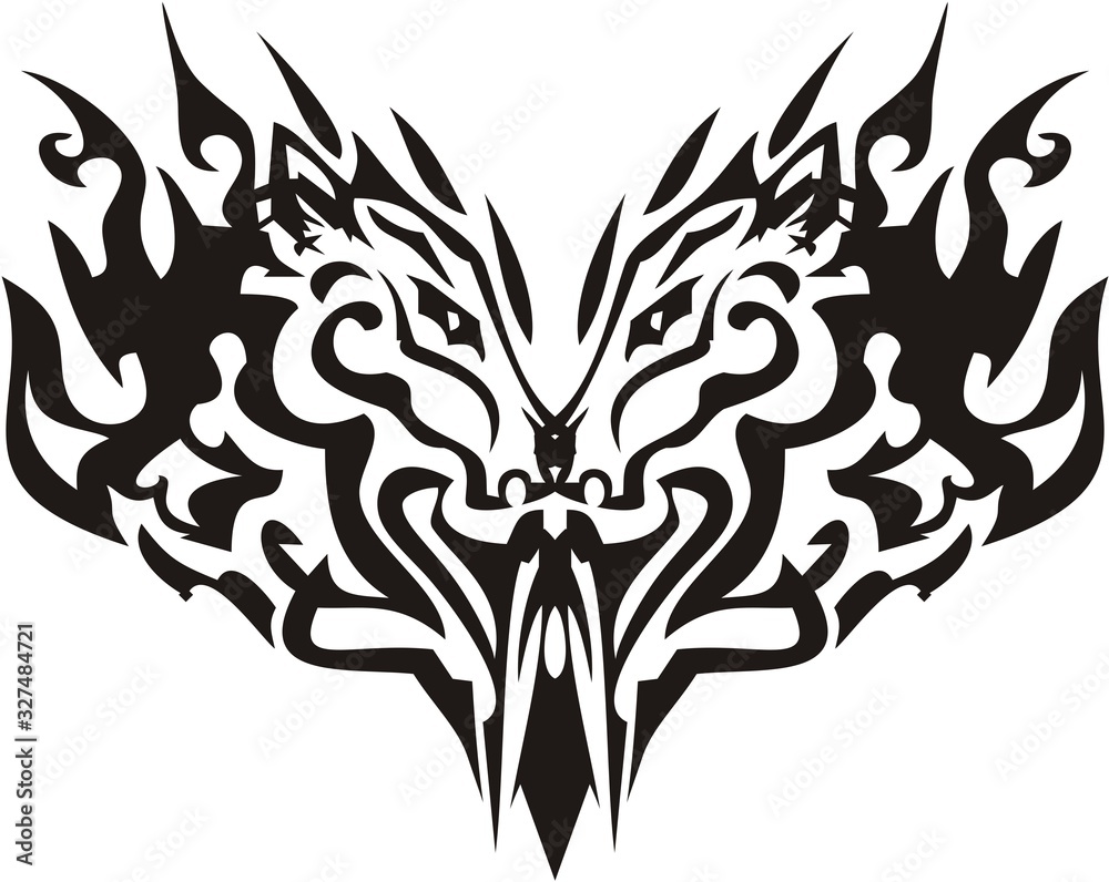 Obraz premium Black tribal heart created by horse heads. Abstract flaming horse heart on white background for tattoo, engraving, embroidery, etc.