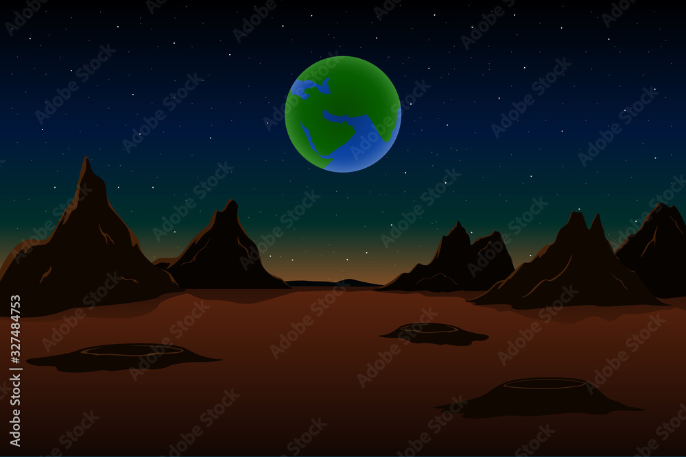 Obraz premium View from Mars to Earth. Martian landscape. Vector illustration.