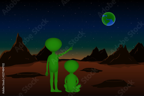 Two aliens look to Earth from Mars. Vector illustration.