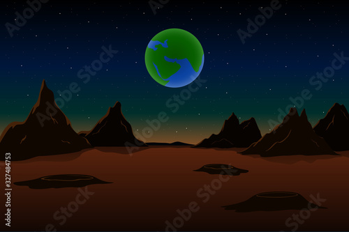 View from Mars to Earth. Martian landscape. Vector illustration.