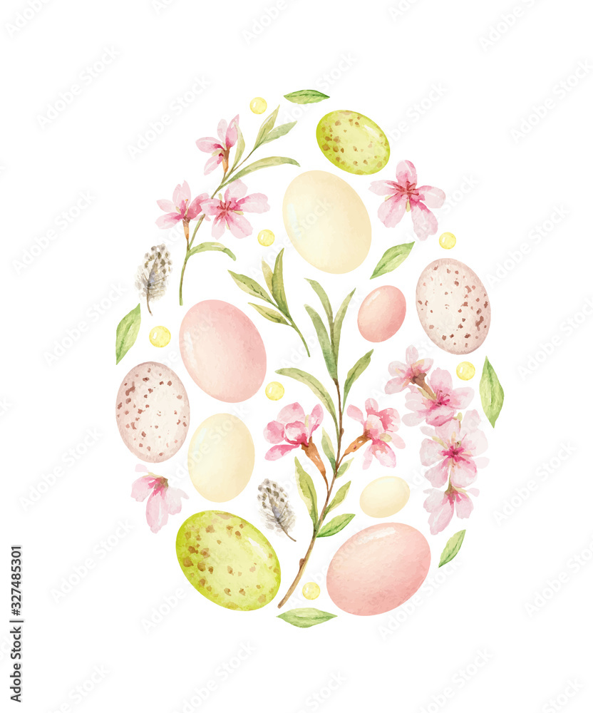 Watercolor vector postcard with Easter decoration in the shape of an egg.