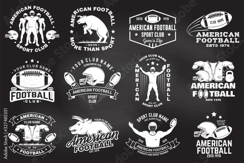 Set of american football or rugby club badge. Vector for shirt, logo, print, stamp, patch. Vintage design with bull, american football sportsman player, helmet, ball and shoulder pads silhouette