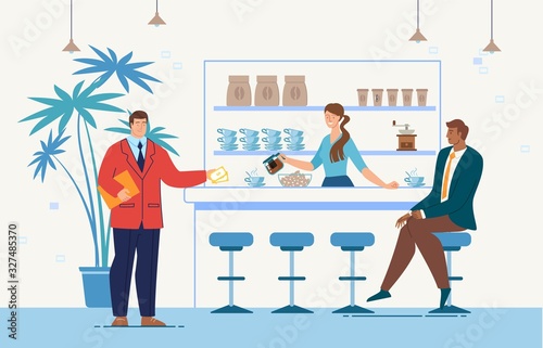 Break in Work for Lunch, Meeting with Business Partner in Coffee Shop Concept. Businessman Relaxing in Cafeteria, Saleswoman at Counter Pouring Hot Coffee to Client Trendy Flat Vector Illustration