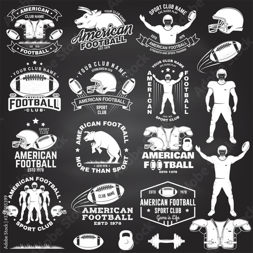 Set of american football or rugby club badge on the chalkboard with design element. Vector. Set of american football equipments include football player, helmet, ball and shoulder pads