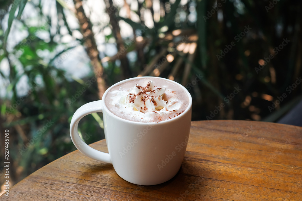 Take a break with hot chocolate cocoa with whipped cream on wooden table in the morning