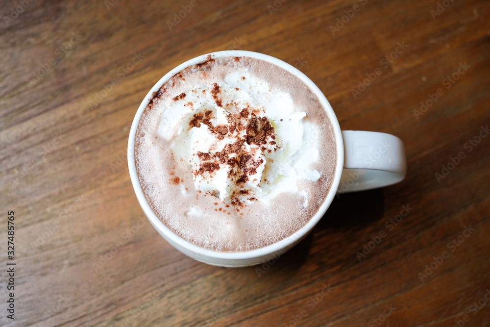 Take a break with hot chocolate cocoa with whipped cream on wooden table in the morning Take a break with hot chocolate cocoa with whipped cream on wooden table in the morning