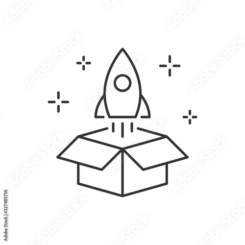 Launch rocket from box linear illustration. Space shuttle outside the box vector illustration. Editable stroke
