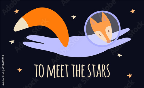 A fox in space flies to the stars. Cute animal in flat style hand drawn. Windy illustration, horizontal banner with space red-haired wild beast.