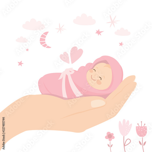 Big hand holding newborn baby girl. Medical and child care. Insurance concept background.