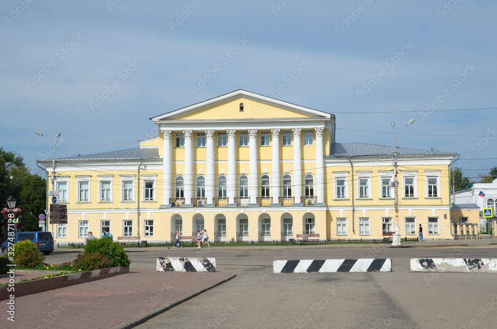Kostroma, Russia - July 25, 2019: House of general S. S. Borshchev on Susaninskaya square - estate of the XIX century. Golden Ring of Russia