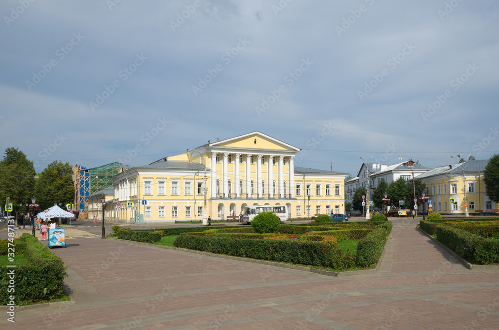Kostroma, Russia - July 25, 2019: Summer view of Susaninskaya square and the house of general S. S. Borshchev - estate of the XIX century. Golden Ring of Russia
