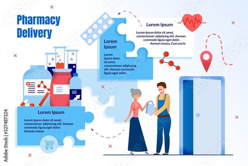 Modern Pharmacy Delivery, Medicines Online Shopping Service Trendy Flat Vector Ad Banner, Promo Banner or Infographics Template. Deliveryman or Courier Delivering Goods to Senior Woman Illustration