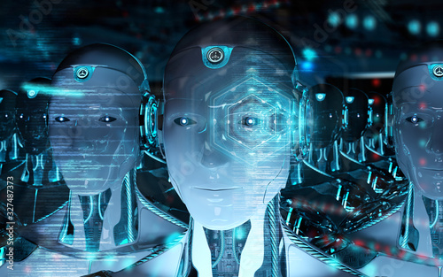 Group of male robots heads using digital hologram screens 3d rendering