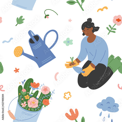 Woman in graden, spring garden vector background. Seamless vector pattern with girl working in garden, cute cartoon character, hobby time gardening in yard, flat hand drawn illustration