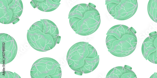 Hand drawn color texture cabbage seamless pattern. Organic fresh vegetable illustration on white background. Minimalistic style botanical background.