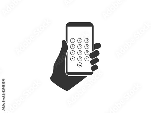 Keypad, smartphone in hand icon. Vector illustration, flat design.
