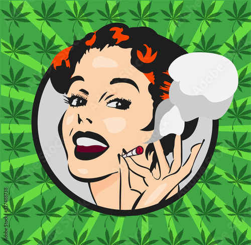 Smiling vintage woman on cannabis leaf background