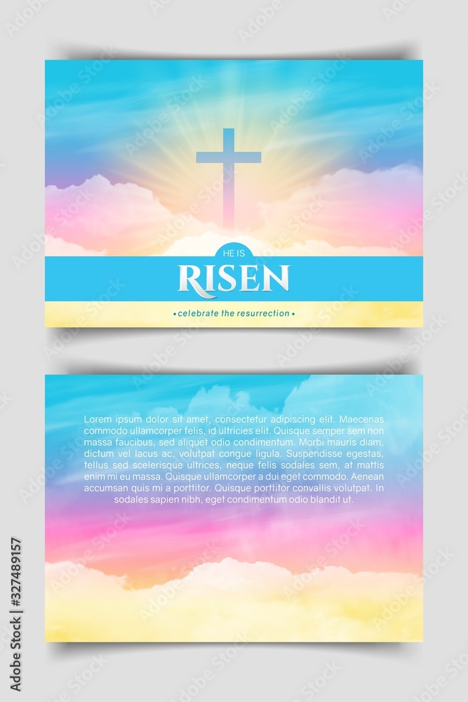 Christian religious design for Easter celebration. Two-sided horizontal flyer. Text: He is risen, shining Cross and heaven with white clouds.