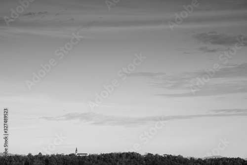 Black and white image of a distant church flanked by a lush forest line, Conques-Sur-Ciel, France