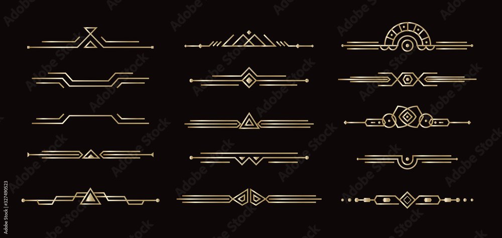 Geometric line dividers art deco dividers set for books and vintage posters and posters, filigree golden frame element for artistic decor on black background vector illustration