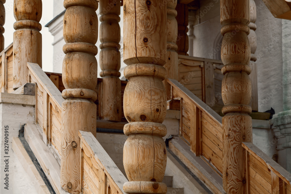 Carved wooden columns of the sister of the Orthodox monastery