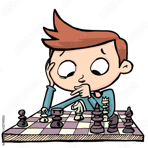 boy who is thinking about the problem of chess is alone at the board in a simultaneous game-01-01