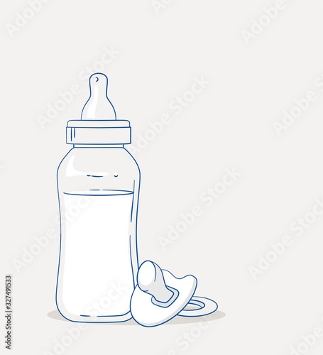 Vector Illustration of Hand Drawn Baby Feeding Bottle and Pacifier Isolated on Gray Background.