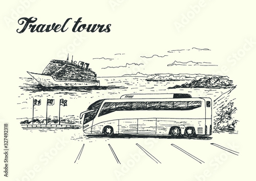 Travel tours scene with bus and cruise ship on background. Sketch style vector