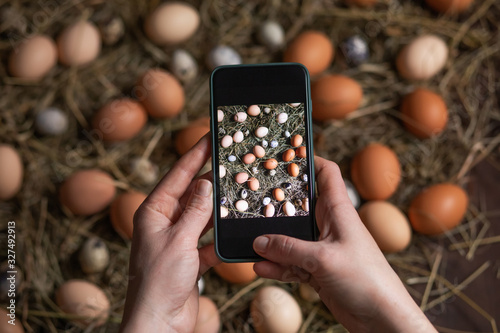 Wallpaper Mural  Girl makes a photo of Easter eggs on hay Torontodigital.ca