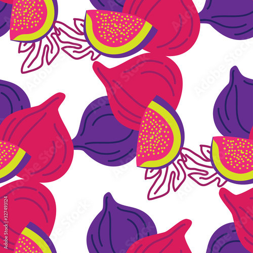 Vector seamless pattern of figs, design colorful abstract illustration. Whole and sliced fig fruits on white background for patterns, textile, packgage, wrapping, wallpapers and cards