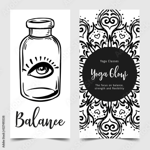 Stretch and Strength. Yoga card design template. Black and white banner for spiritual retreat or yoga studio. Ornamental business cards, oriental pattern. Vector illustration isolated.