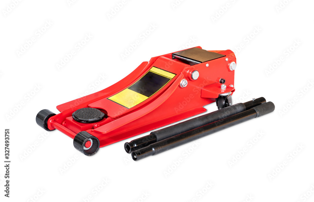 Hydraulic car jack to lift car for change the wheel. ,Red hydraulic  floor jack isolated on white background ,clipping path