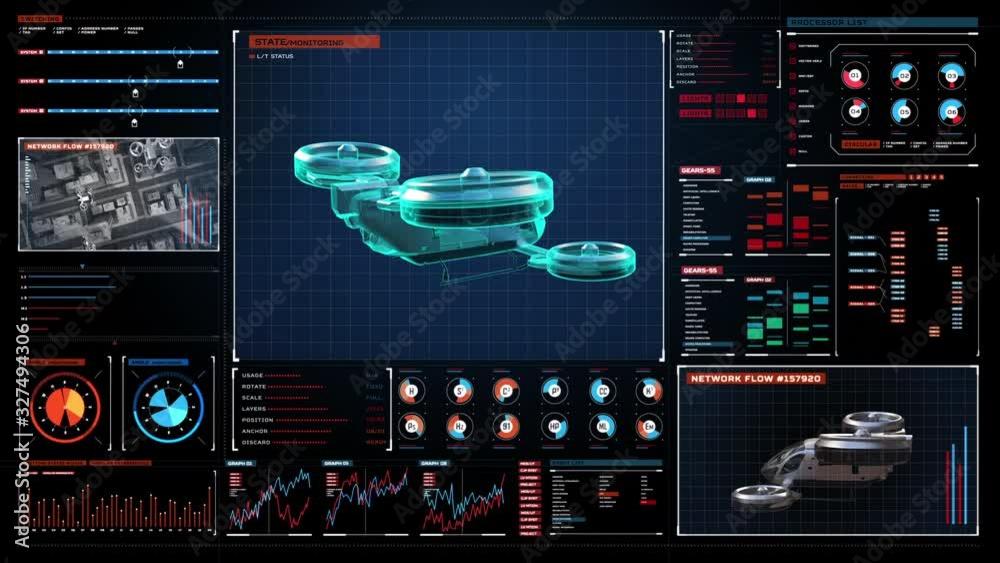 Autonomous flying drone taxi through the city center roads in futuristic user interface. 4k animation.1.