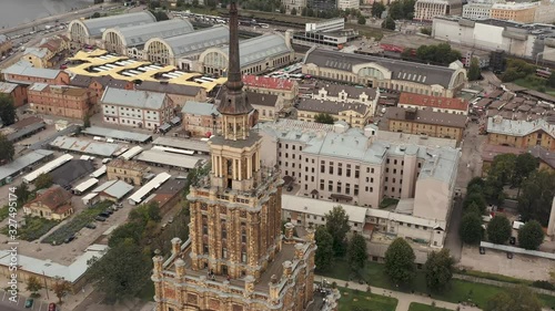 RIGA, LATVIA - MAY, 2019: Aerial view of the observation deck of the Academy of Sciences and city landscapes of Riga.