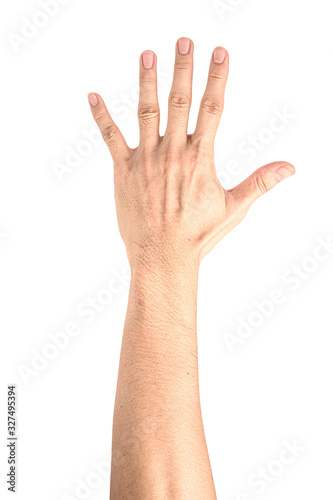 Hand show finger number five isolated on white background with clipping path.