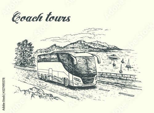 Travel bus moving along the sea background. Hand drawn vector