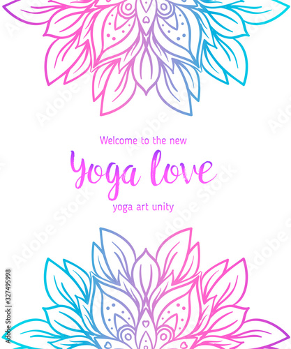 Stretch and Strength. Yoga card design. Colorful template for spiritual retreat or yoga studio. Ornamental business cards, oriental pattern. Vector illustration