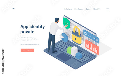 Man using private app on laptop. Isometric vector illustration