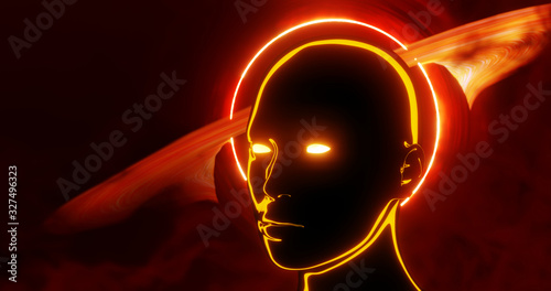 menschlicher Kopf mit glühenden Augen vor dem Ereignishorizont eines schwarzen Loches, kreatives 3D Rendering