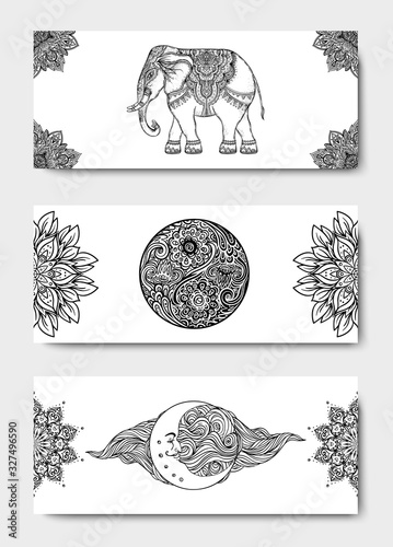 Stretch and Strength. Yoga card design template. Black and white banner for spiritual retreat or yoga studio. Ornamental business cards, oriental pattern. Vector illustration isolated.