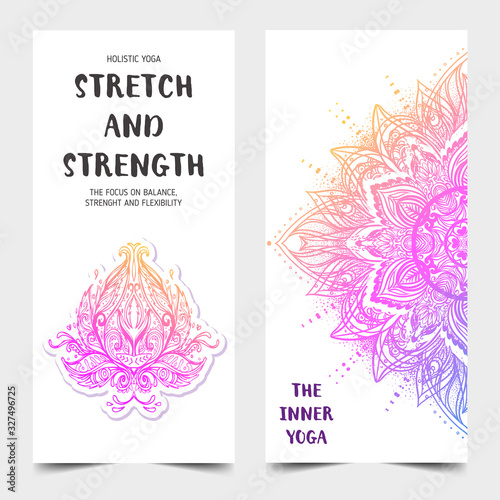 Stretch and Strength. Yoga card design. Colorful template for spiritual retreat or yoga studio. Ornamental business cards, oriental pattern. Vector illustration