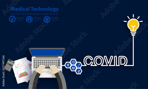 COVID-19. Coronavirus success idea concept, With working on laptop computer PC, Top view from above vector illustration design