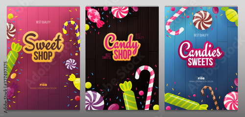 Set of Candy Shop banners with sweets on the wooden background.