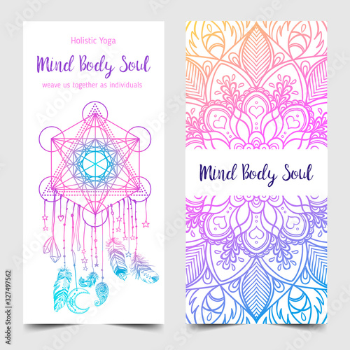 Stretch and Strength. Yoga card design. Colorful template for spiritual retreat or yoga studio. Ornamental business cards, oriental pattern. Vector illustration