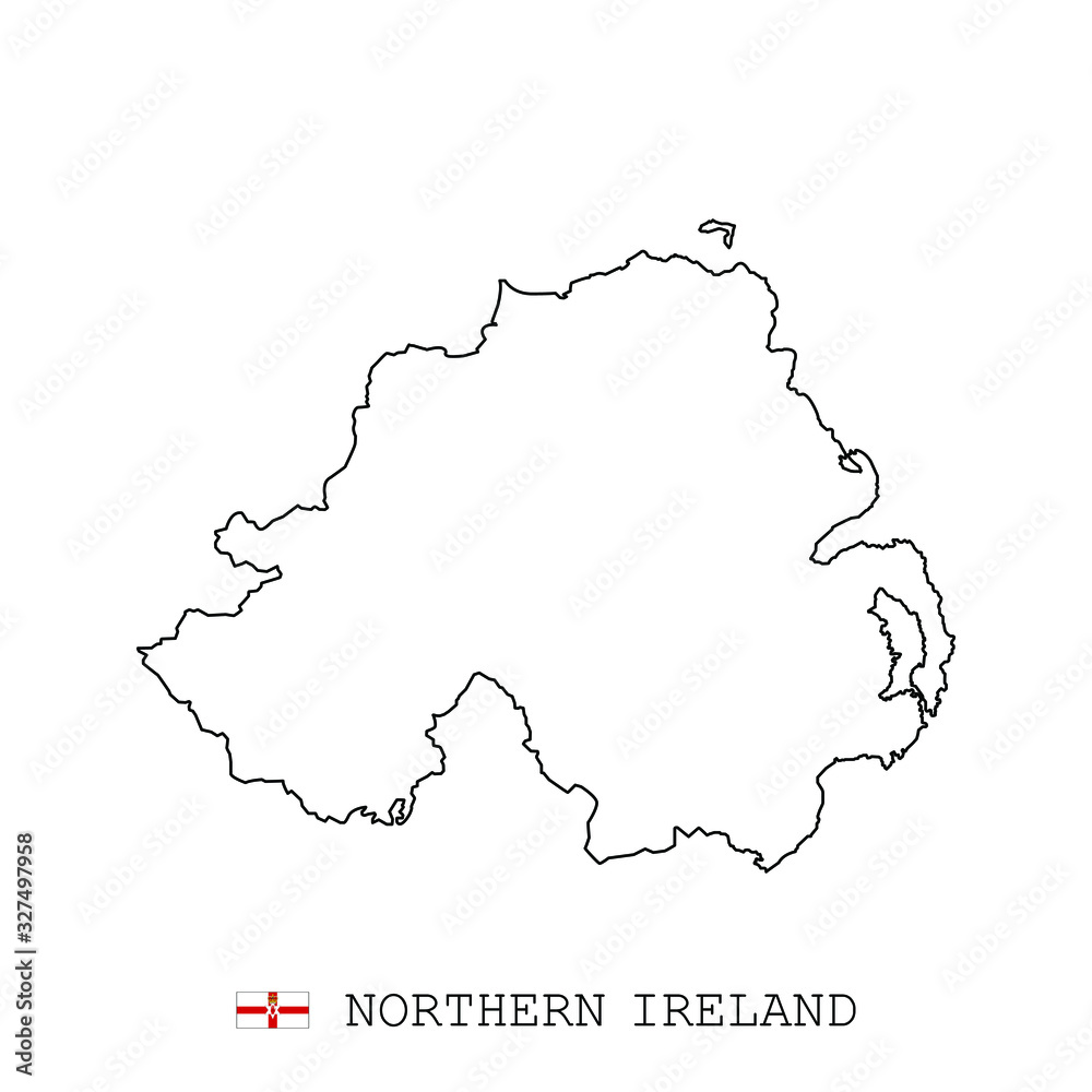 Northern Ireland map line, linear thin vector. Northern Ireland simple map and flag.