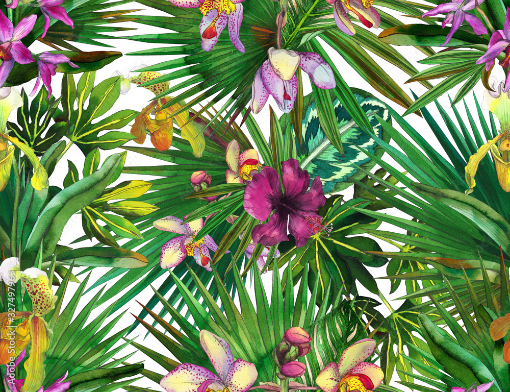 Naklejka Tropical seamless pattern with tropical flowers, banana leaves. Painted in watercolor on a white background. Round palm leaves, watercolor painted orchids.