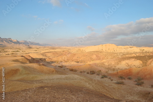 Desert landscape at sunrise. Hiking desert part of Israel National Trail. Negev desert . Valley. Colorful sands © Natalia Hanin