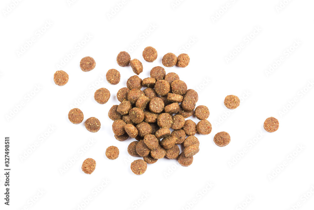 Dry cat food isolated on white background close-up top view Dry cat food isolated on white background close-up top view