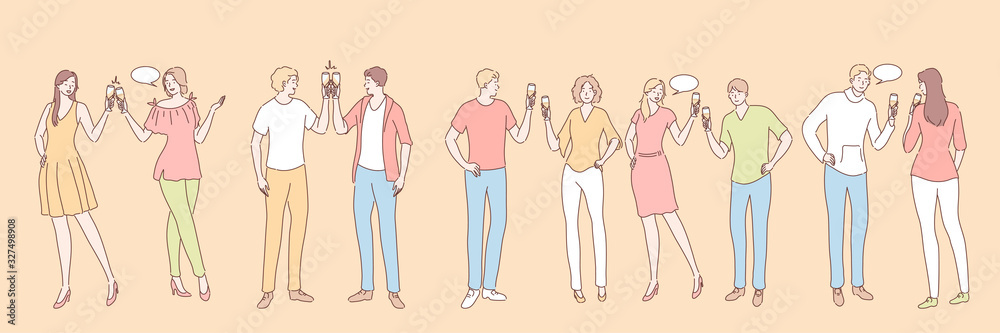 People with alcohol drinks set concept. Group of young people men women boy girls with alcoholic drinks beverages together. Collection of happy talking students friends with champagne. Party lifestyle People with alcohol drinks set concept. Group of young people men women boy girls with alcoholic drinks beverages together. Collection of happy talking students friends with champagne. Party lifestyle