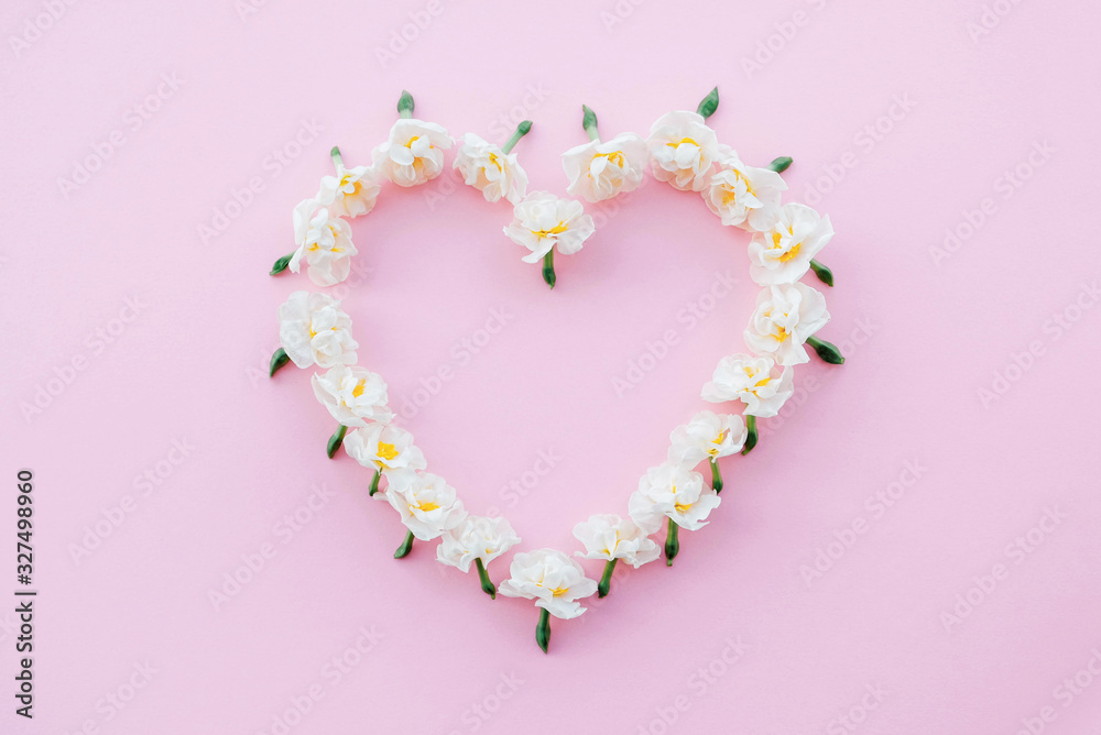 Heart made of fresh daffodil flowers on pastel pink background.